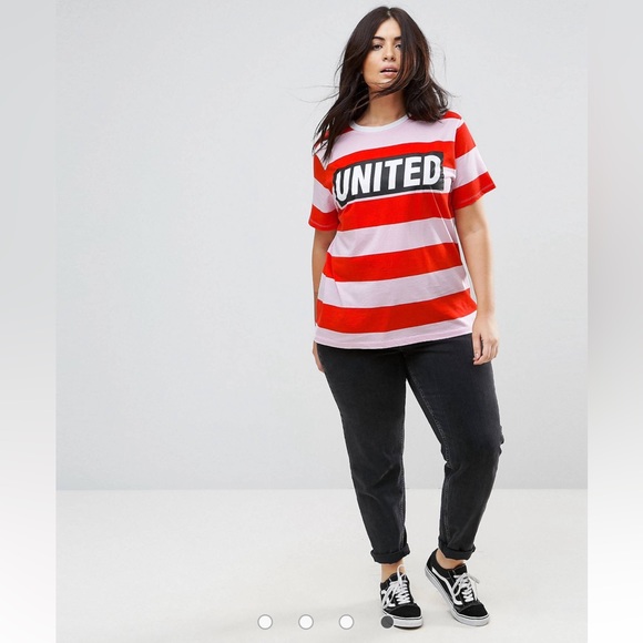 New ASOS CURVE T-Shirt in Bright Rugby Stripe and United Print US Size 22 - Picture 5 of 5